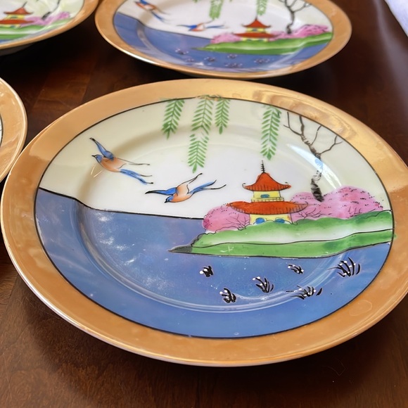 VTG set of 4 lusterware porcelain Japan plates pagoda birds scene - Picture 2 of 10